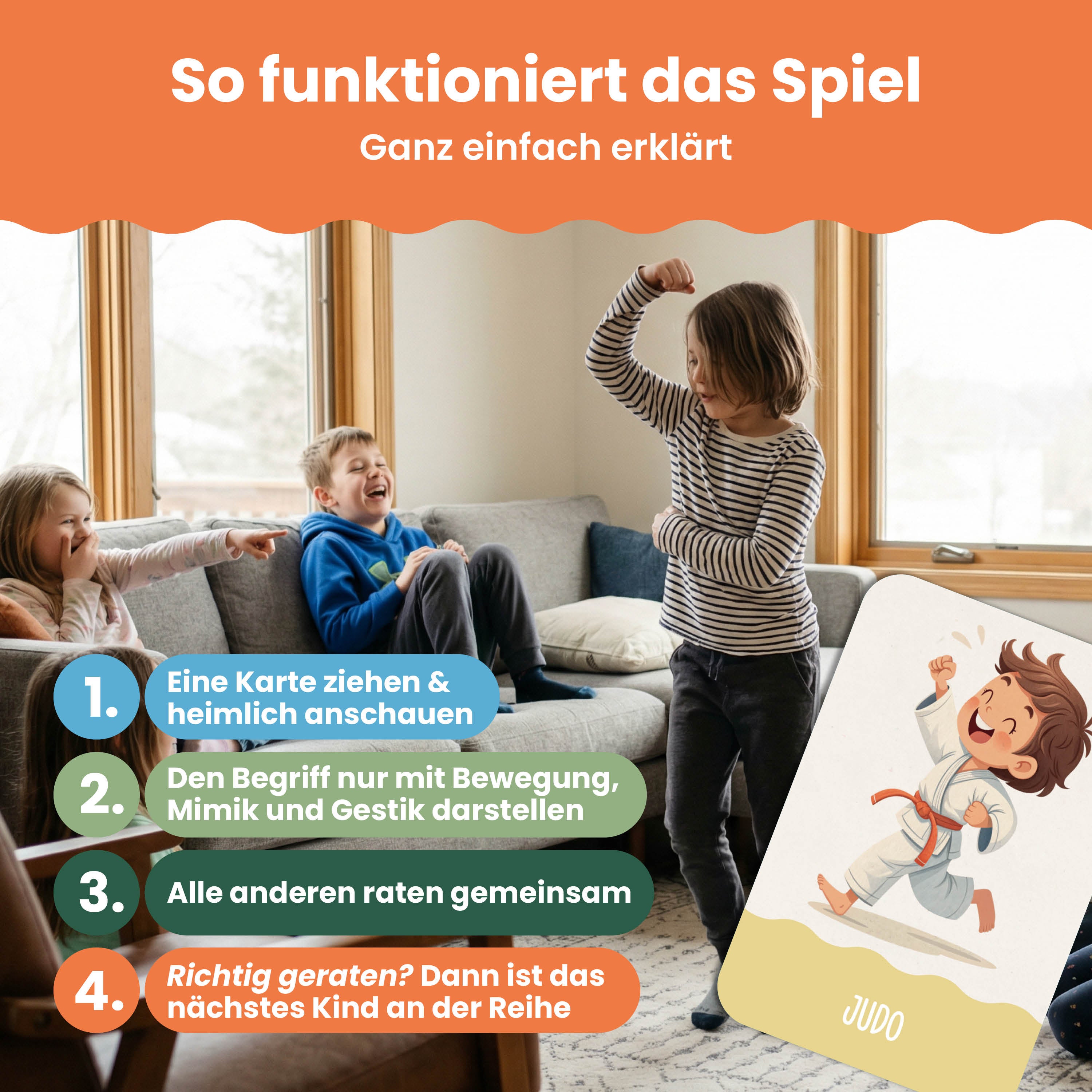 Pantomime | Spiel für Kinder – 50 lustige Bewegungskarten für Kinder ab 5 Jahren