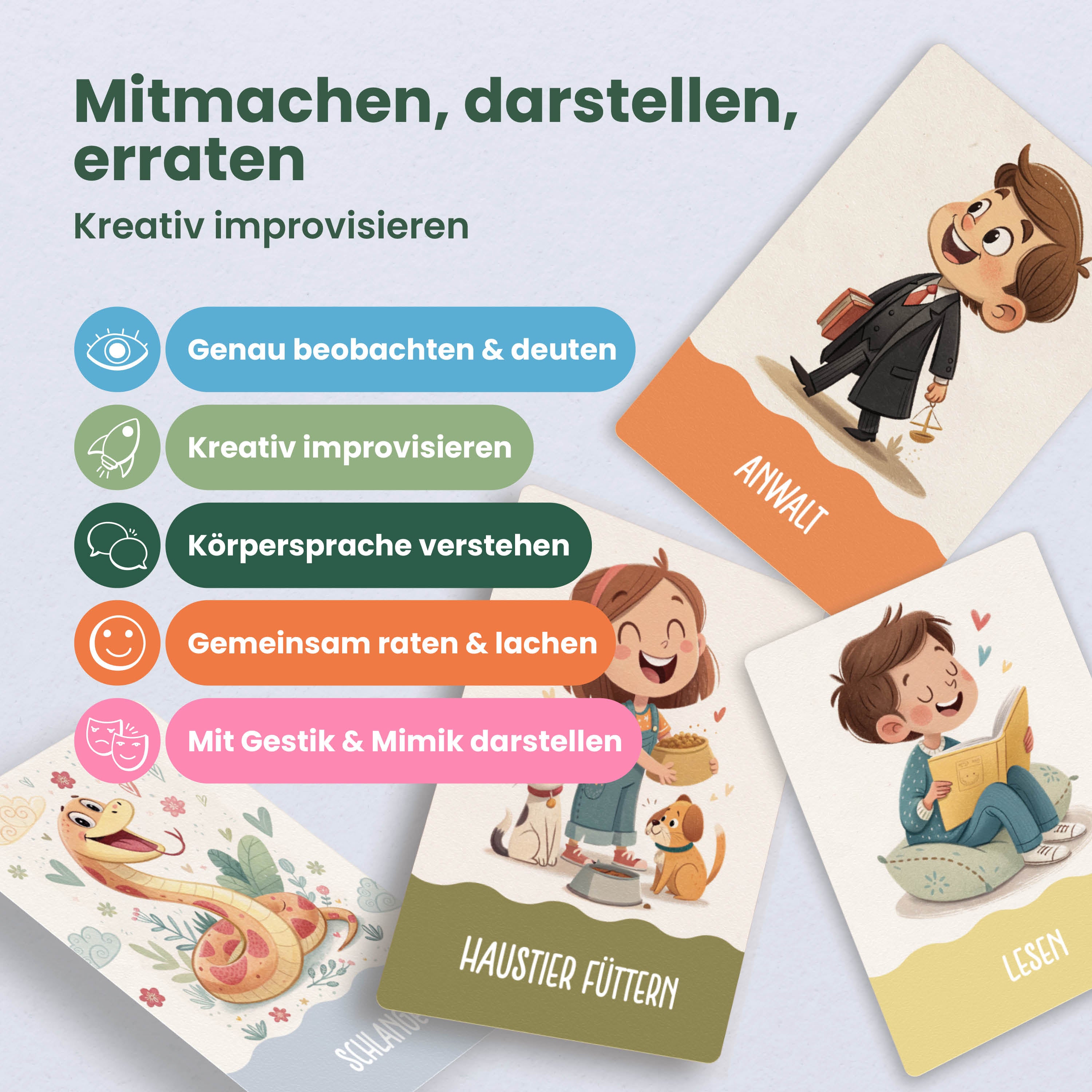 Pantomime | Spiel für Kinder – 50 lustige Bewegungskarten für Kinder ab 5 Jahren